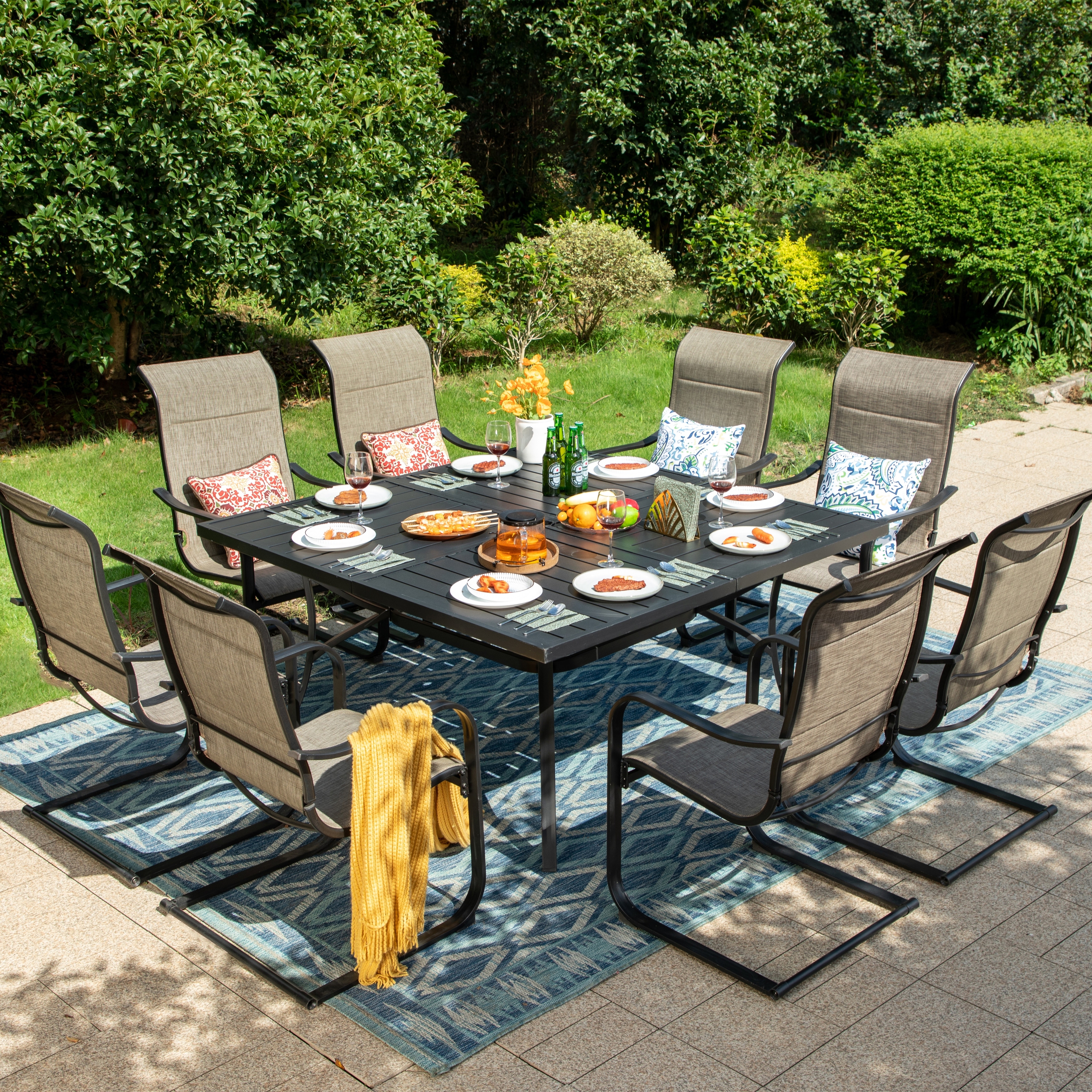 MAISON ARTS 9 Pieces Patio Dining Set, 60 Inch Square Metal Table and Sling Dining Rocking Chairs