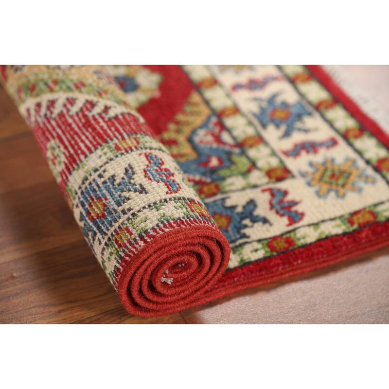 Red Kazak Foyer Rug Hand-Knotted Geometric Wool Carpet - 2'0" x 3'2"