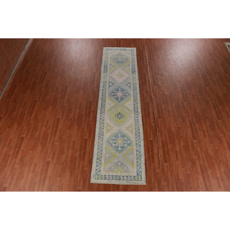 Hand Knotted Oriental 100% Wool Carpet Transitional Geometric Navy Blue & Blues Oushak Runner Rug - 13' 1'' X 3' 4''