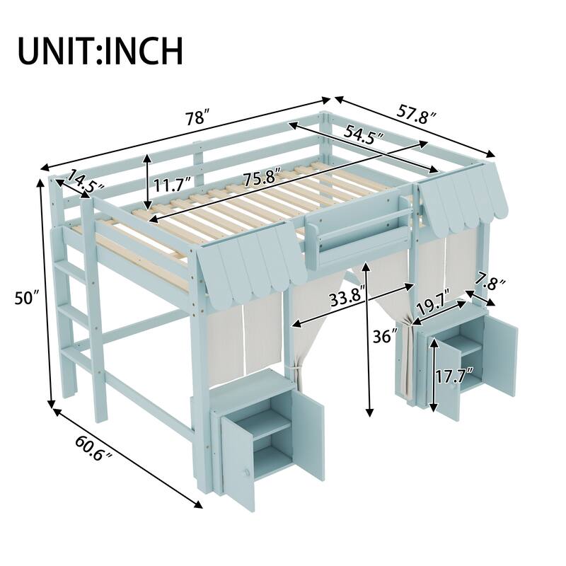 Roomfitters Low Loft Bed with Curtain and Storage, Solid Wood Cottage Frame with Bookshelf