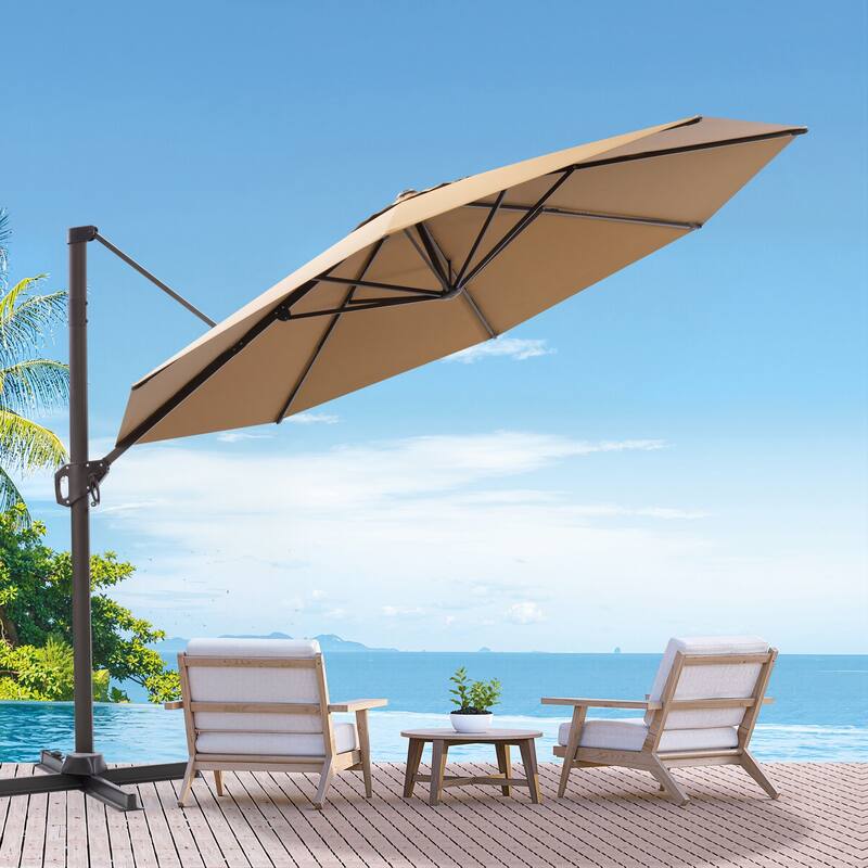 Outdoor 11 Ft Patio Cantilever Offset Umbrella with 360 Degree Rotation - Tan