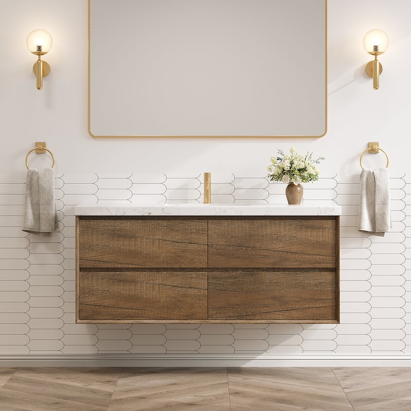 24"30"36"48"60"72" Floating Bathroom Vanity Engineered Stone Top with Rectangular Ceramic Undermount Sink