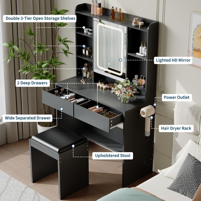 Vanity Desk with LED Mirror, Storage Drawers, USB Outlets, and Padded Stool
