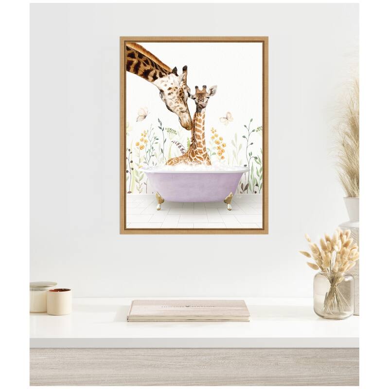 Kate and Laurel Sylvie Mother and Baby Giraffe in Spring Bathtub Framed Canvas by Amy Peterson