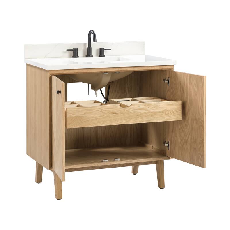 Avanity Adele 37 in. Vanity Combo in Natural Oak finish with Calacatta Quartz Top