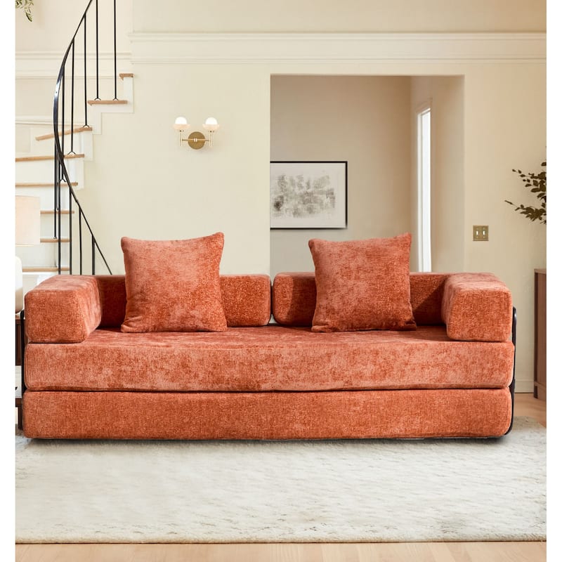 Modern Minimalist Compressed Upholstered Convertible Two-Seater Sofa Bed with External Metal Frame - Orange Chenille