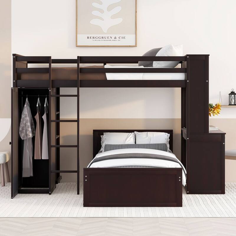 Multi-Functional Twin/Full Loft Bed with Desk, Storage Shelves, Wardrobe, and Additional Bed, Ideal for Small Rooms