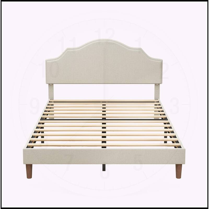 Linen Fabric Padded Platform Bed with Adjustable Headboard