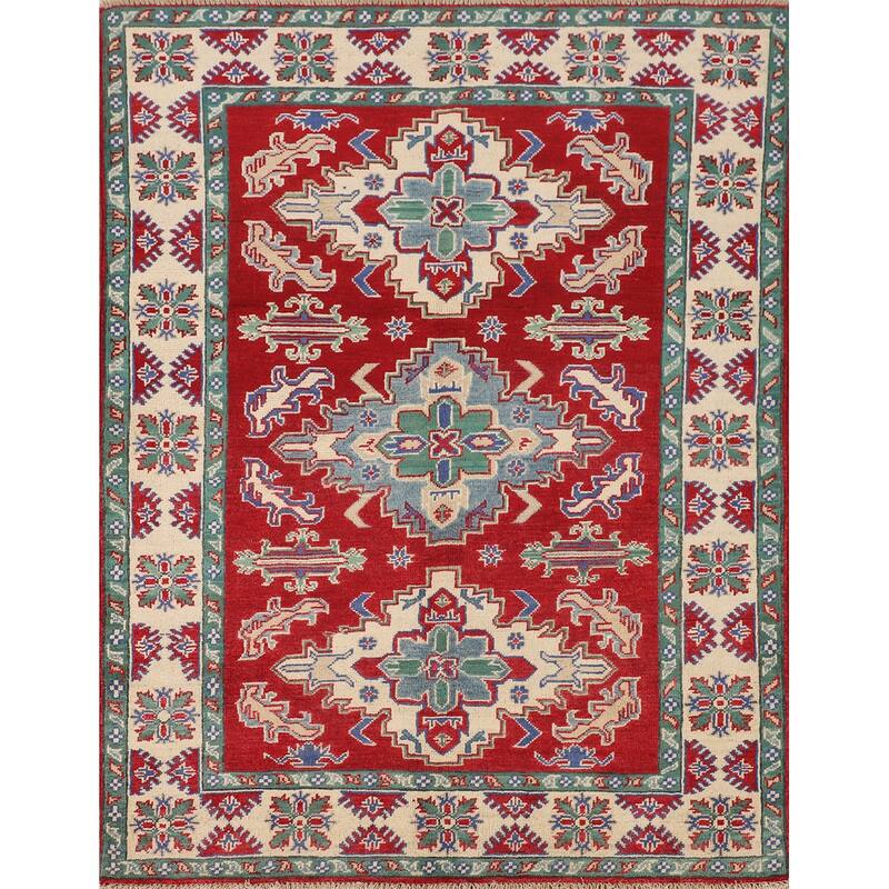 Red Kazak Area Rug Hand-Knotted Oriental Wool Carpet - 4'1" x 5'6"