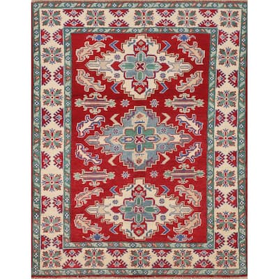 Red Kazak Area Rug Hand-Knotted Oriental Wool Carpet - 4'1" x 5'6"