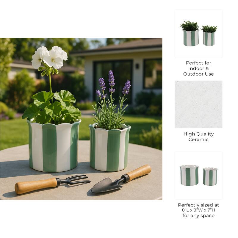 Ceramic Striped Flower Pots with Scalloped Edge - Set 2, 8", 6" - 8.0"