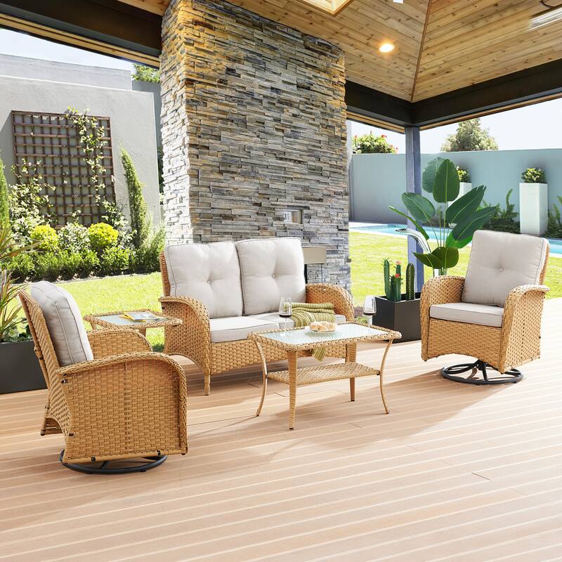 Pocassy Outdoor Sofa Swivel Glider Chair with Table - Yellow - Beige