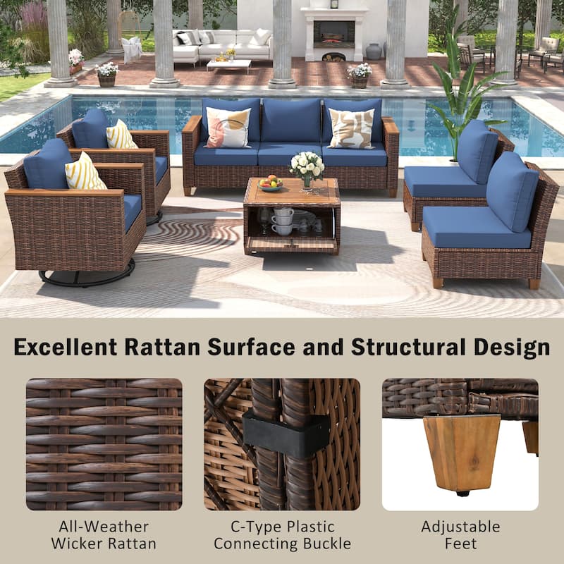 8 Piece Wicker Outdoor Patio Conversation Set with Thick Cushion and Storage Table, All Weather Rattan Swivel Chairs Set of 2