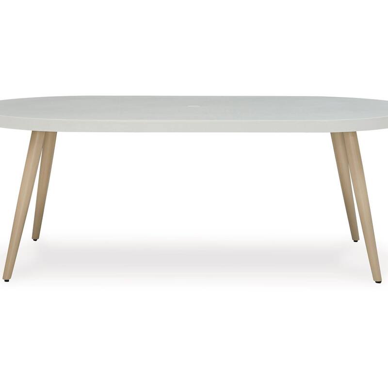 Yami Outdoor Dining Table, 80 Inch Oval Faux White Stone Top, Brown