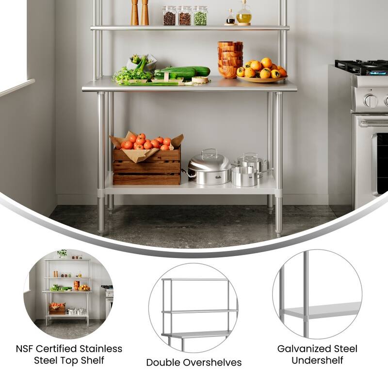 Commercial Stainless Steel Worktable with 2 Overshelves and 1 Undershef