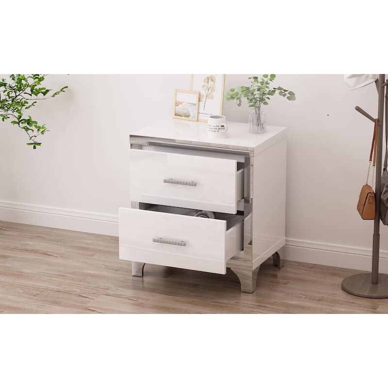 Mirrored Nightstand with 2 Drawers, Bedside Table with Metal Handle, Sofa Side Table with Mirrored Edge and Legs