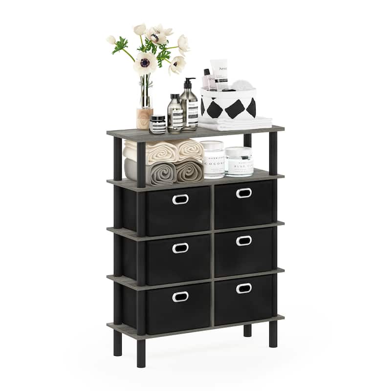 Furinno Frans Turn-N-Tube Console Table with Bin Drawers, Black Oak/Black/Brown