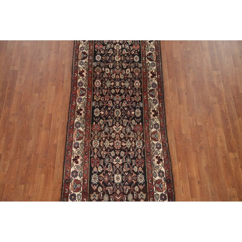 Hand Knotted Oriental 100% Wool Carpet Traditional Geometric Black Malayer Runner Rug - 10' 3'' X 3' 4''