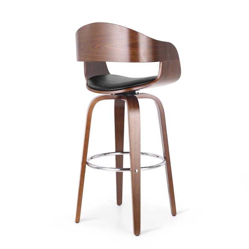 Curved Swivel Bar Stools, 30" Leather Counter Height Stools Dining Stool with Wood Frame and Footrest