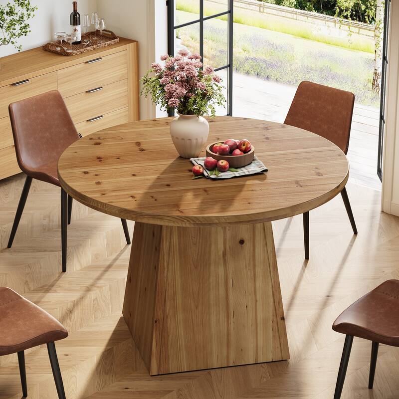 Solid Wood Round Dining Table for 4, Small Circle Kitchen Table with Sturdy Pedestal Base
