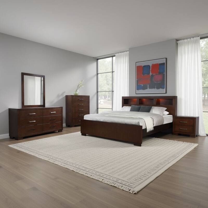 Bela 5 Piece Queen Bedroom Set, Bookcase Headboard, Dark Brown Wood