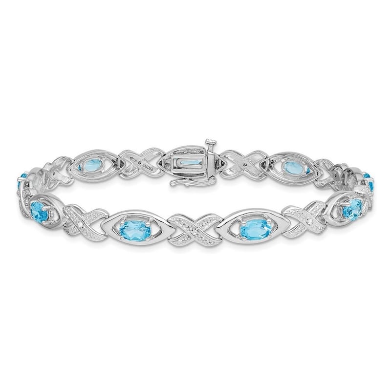 Curata 925 Sterling Silver 7" 6mm Light Swiss Blue Topaz or Amethyst and Diamond Bracelet