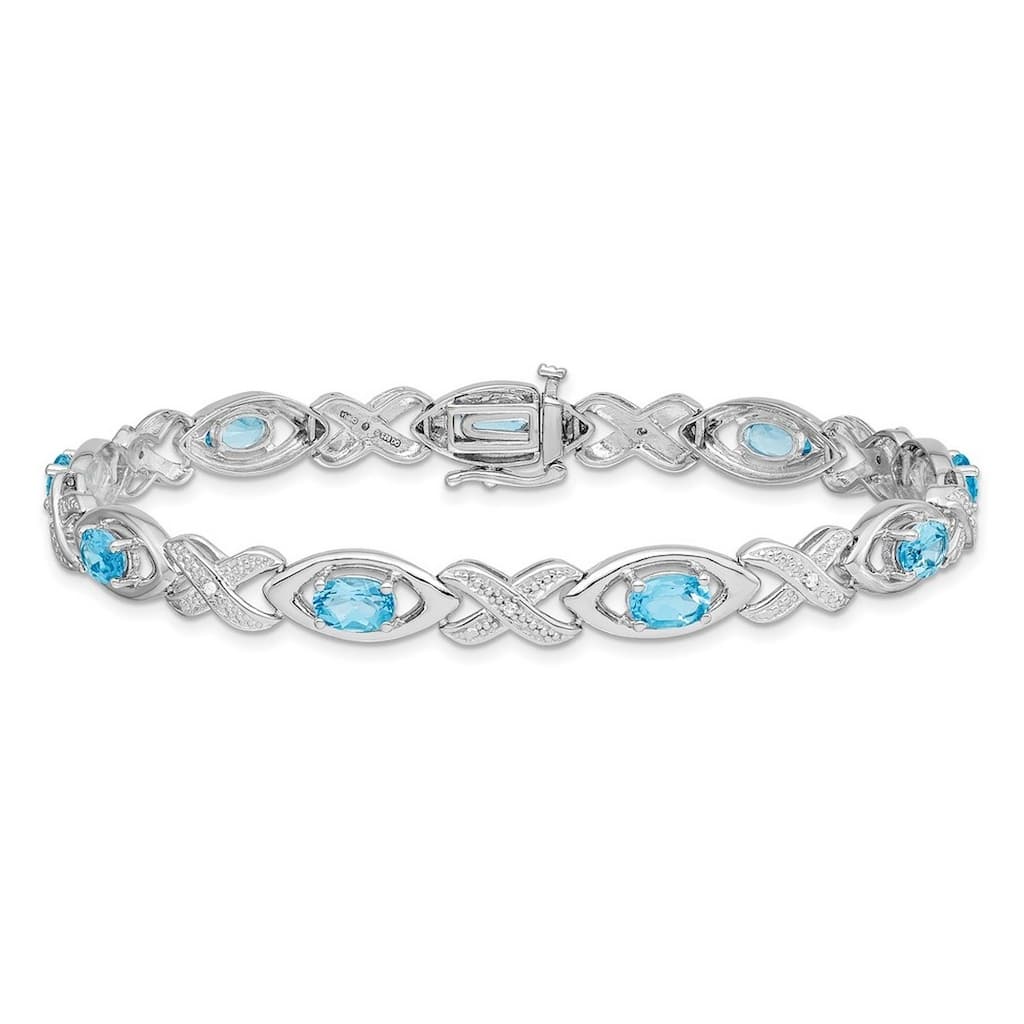 Curata 925 Sterling Silver 7" 6mm Light Swiss Blue Topaz or Amethyst and Diamond Bracelet