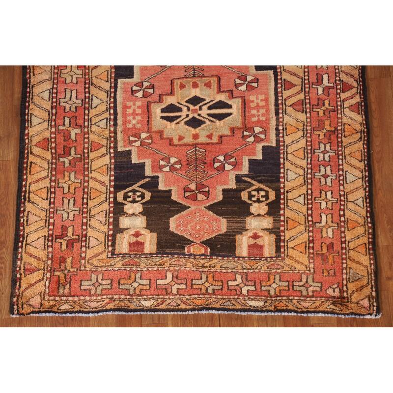 Geometric Ardebil Persian Vintage Runner Rug Handmade Wool Carpet - 3'10"x 10'0"