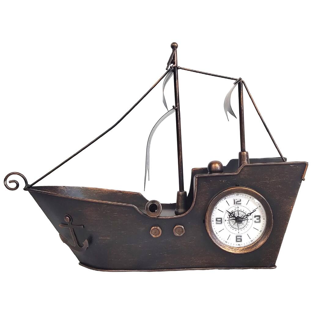 Sailing Ship Metal Table Clock-Bronze Copper - 15.3*11.8*4.4