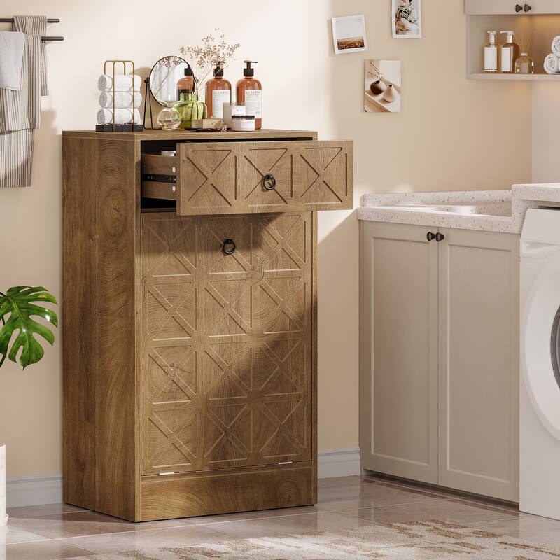 13 Gallon Tilt-Out Laundry Hamper Cabinet with Drawer, Freestanding Hidden Laundry Hamper Storage Unit for Bathroom Laundry Room