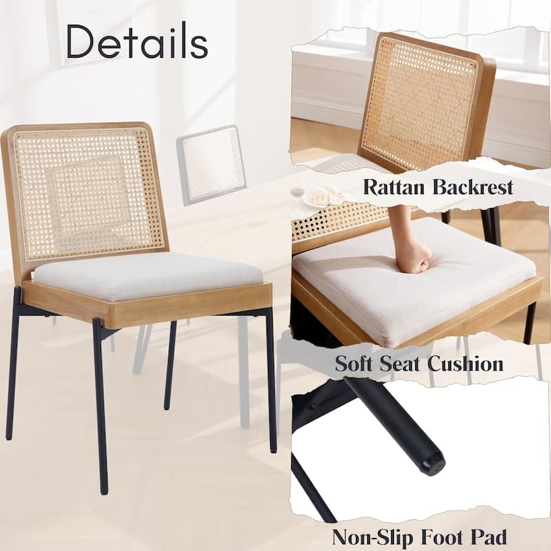 Dining Chairs Set of 2, Accent Linen Fabric Side Chairs with Rattan Backrest Metal Legs Kitchen Chairs for Dining Room
