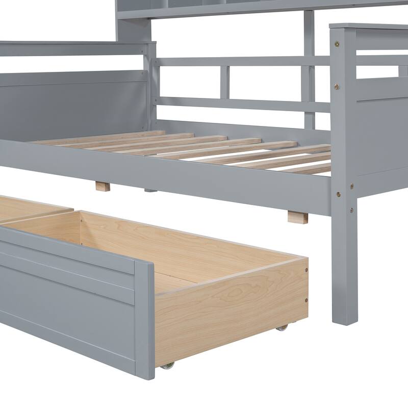 Twin Size Daybed with Wood Slat Support, Bedside Shelves, and 2 Storage Drawers