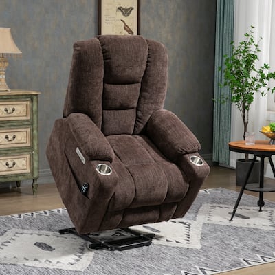 Brown Chenille Power Lift Recliner Chair with Easy Stand Assistance, Massage, USB and Type C Ports, Cup Holders