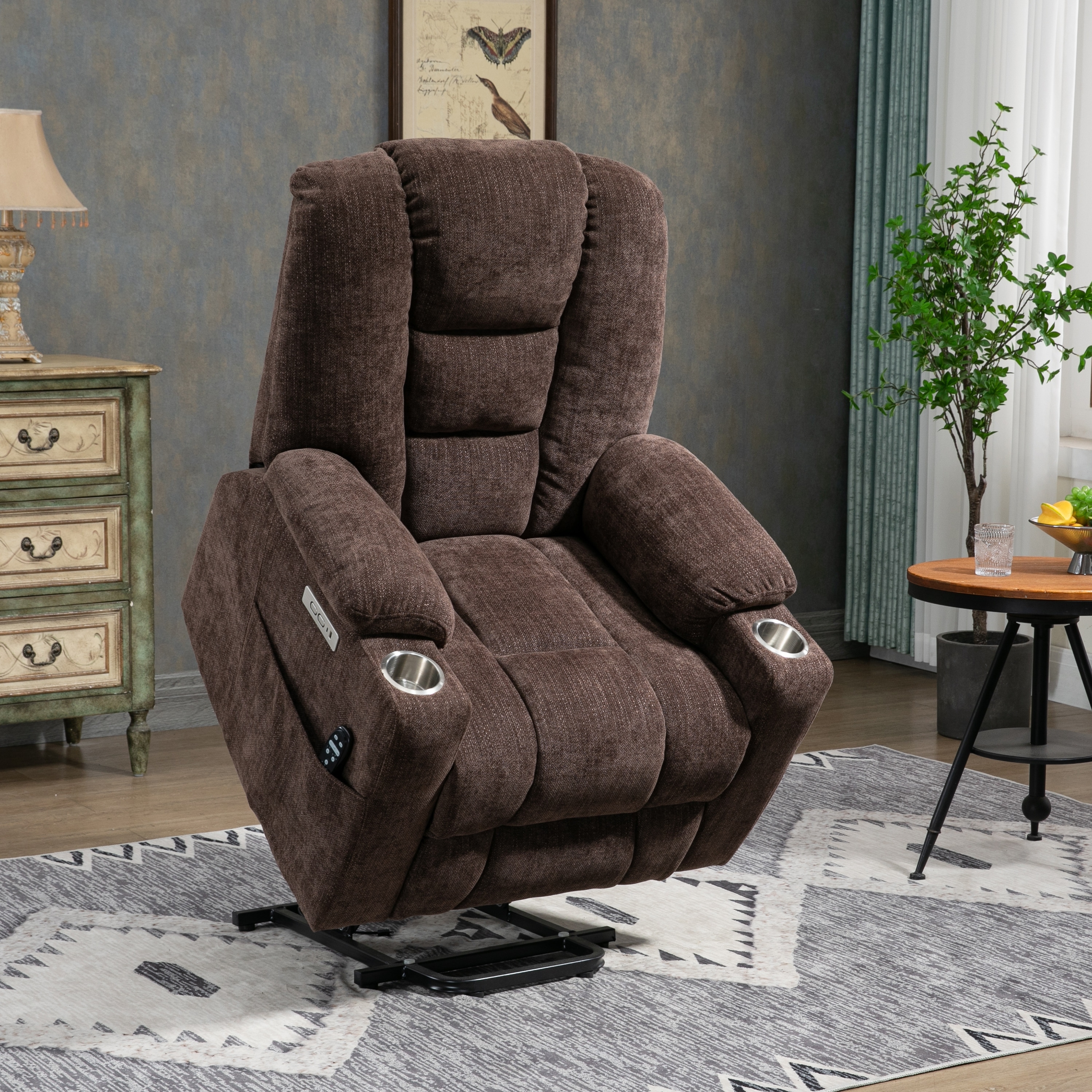 Brown recliner chair store with cup holder