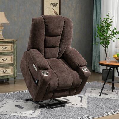 Chenille Power Lift Recliner, Oversized Massage Heating Chair for Elderly, Single Motion Sofa with Dual USB ports & Cupholders