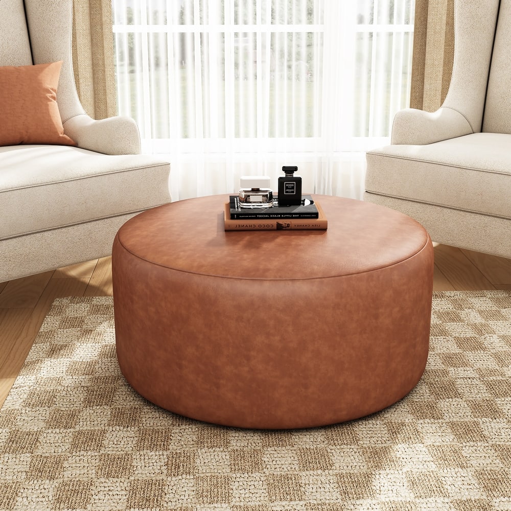 Roomfitters Upholstered Round Ottoman with Corduroy Fabric, Modern Coffee Table Footrest for Living Room