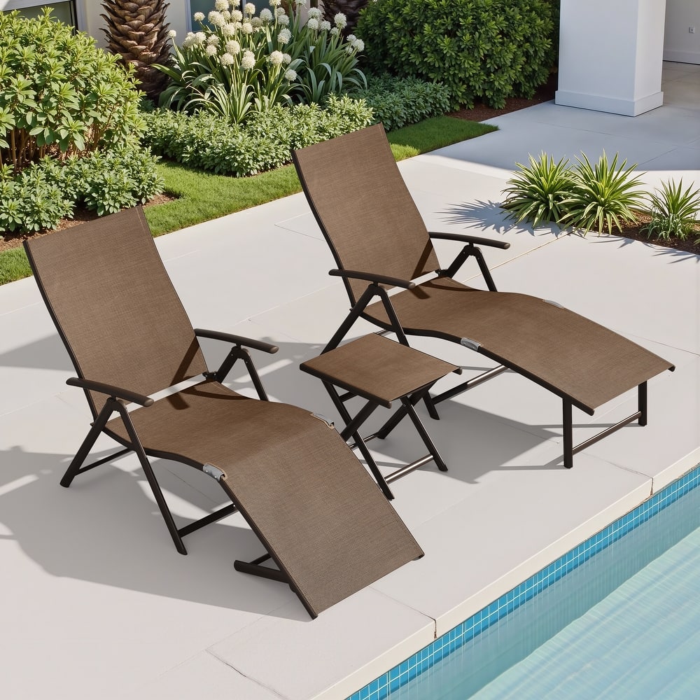 3-Piece Outdoor Chaise Lounge Set Patio Aluminum Adjustable Foldable Chaise Lounge Chairs and Side Table
