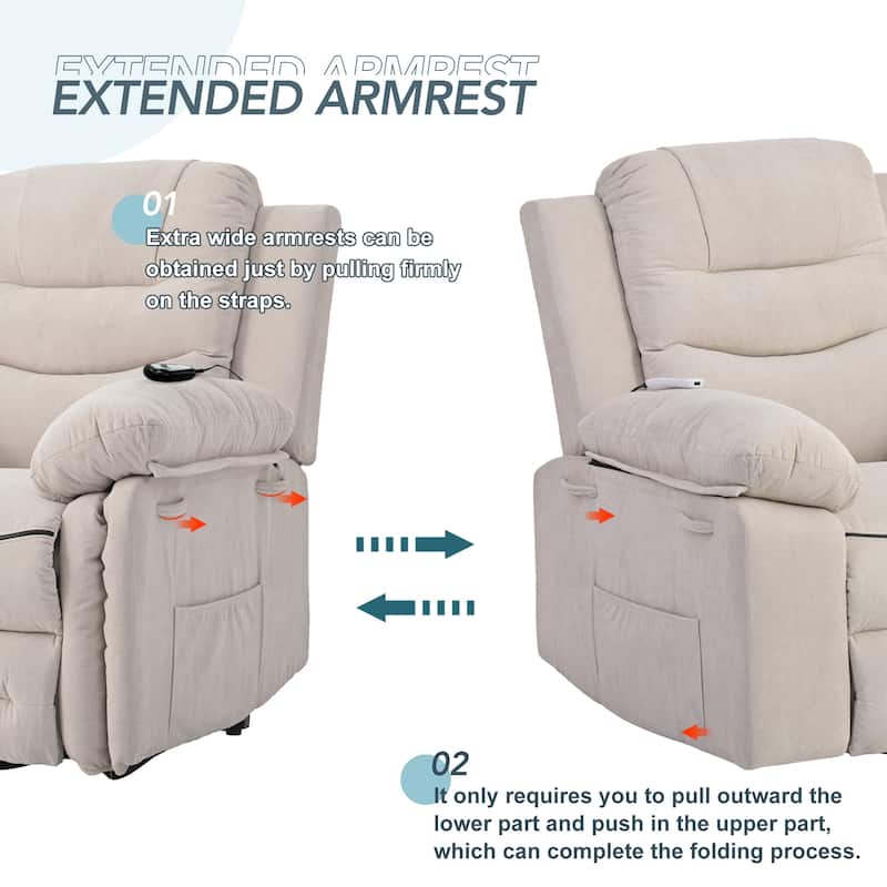 Standard Size Linen Power Lift Recliner Chair with Massage, Heating, and Side Storage Pocket
