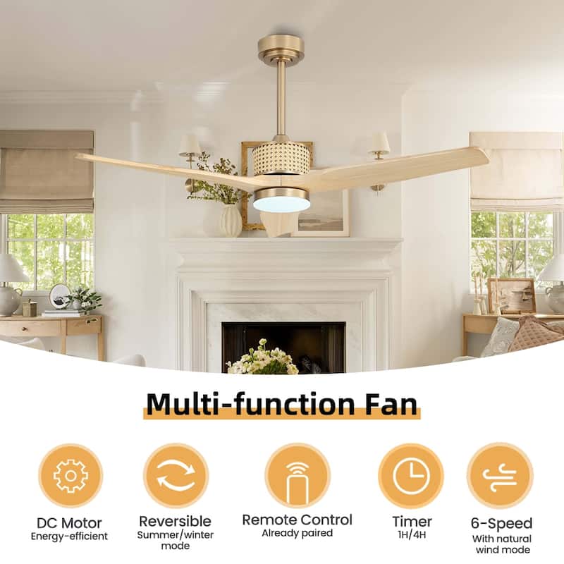 MLiAN 52 In. 3 Solid Wood Indoor Ceiling Fan with Light Kit - 52"