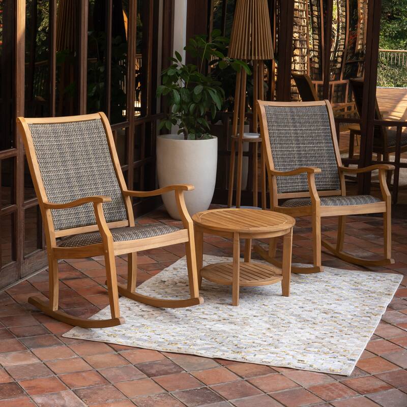 Cambridge Casual Camden 3-Piece Solid Teak Wood Outdoor Wicker Rocking Chair Set with Padded Woven Seat