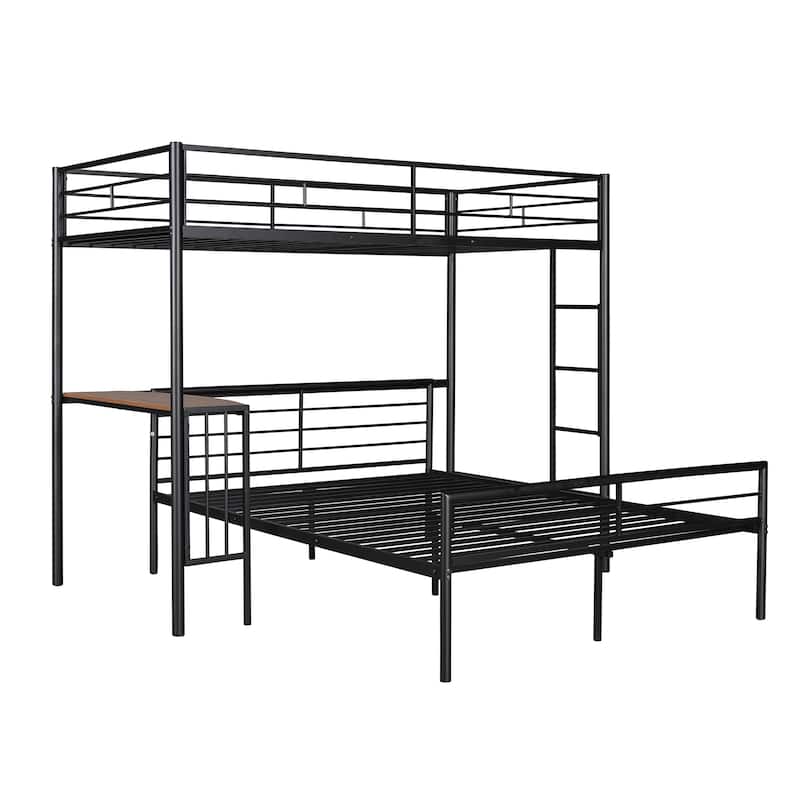 Twin over Full Size Metal Bunk Bed with Desk, Ladder and Quality Slats for Bedroom, Metallic