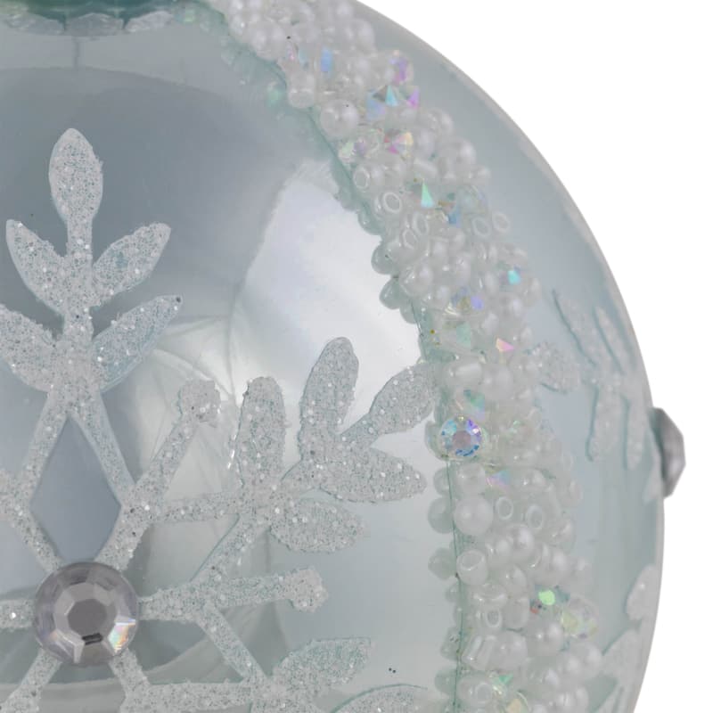 Set of 2 Sky Blue Glittered and Beaded Snowflake Glass Christmas Ball Ornaments 4"