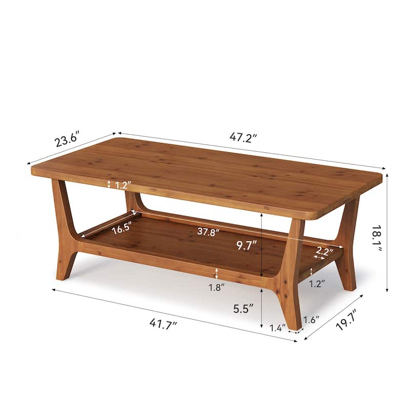47'' Solid Wood Coffee Table with Open Storage Shelf, Mid-Century Rectangle Center Table
