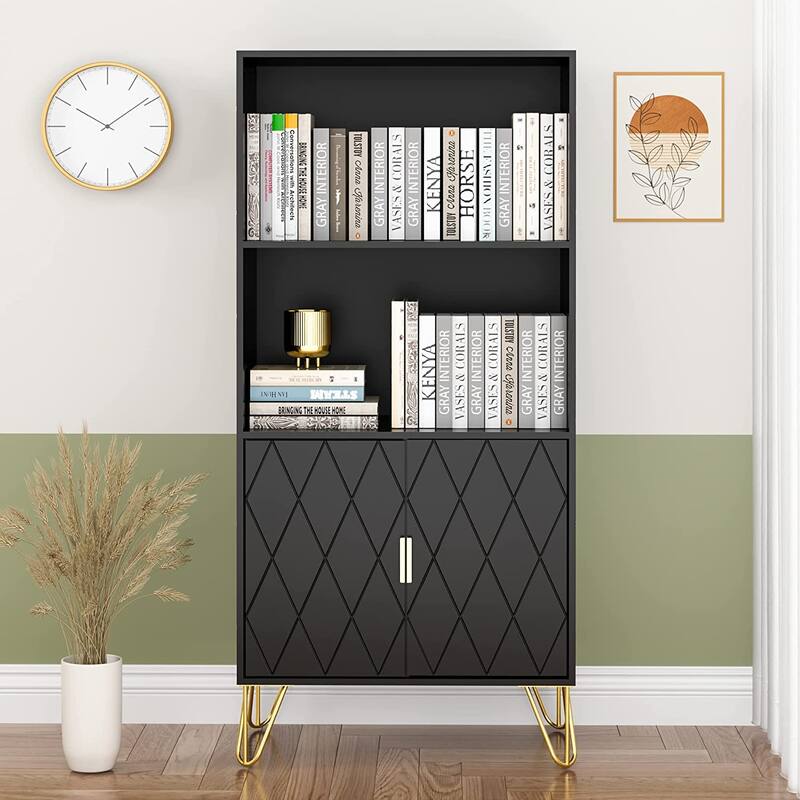 Open Shelf Bookcase with Doors Display Cabinet Rack with Gold Legs