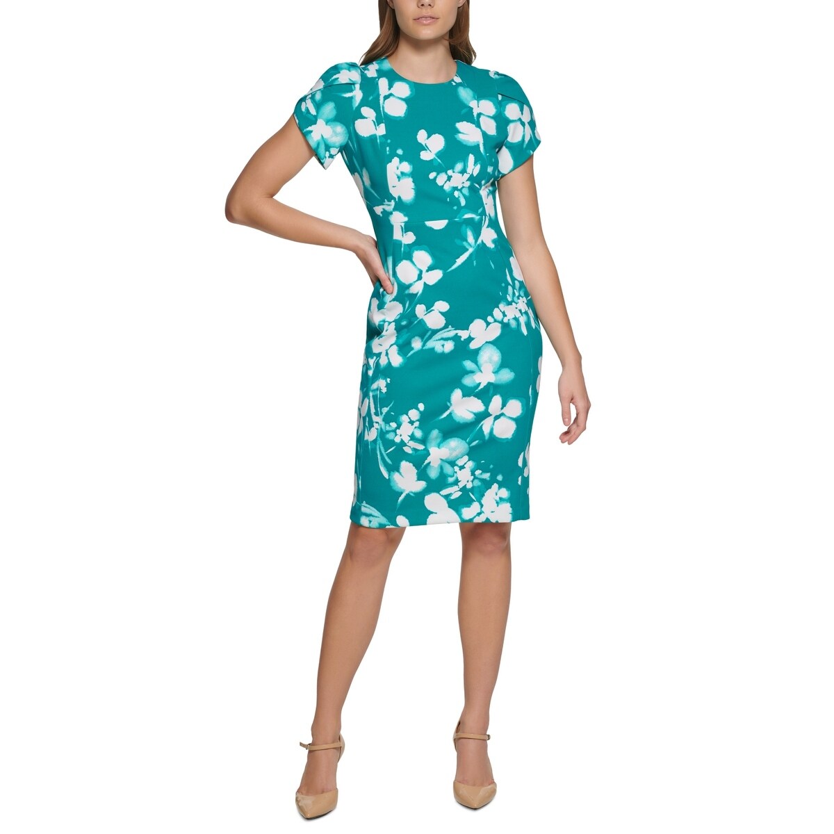 calvin klein dress green Evening Gowns Dresses At The Bay The Bay Calvin Klein Dresses 2025 Casual dresses Aqua green ribbed knit slim cut round neck front zip fastening sleeveless above Calvin Klein Women's Printed Tulip