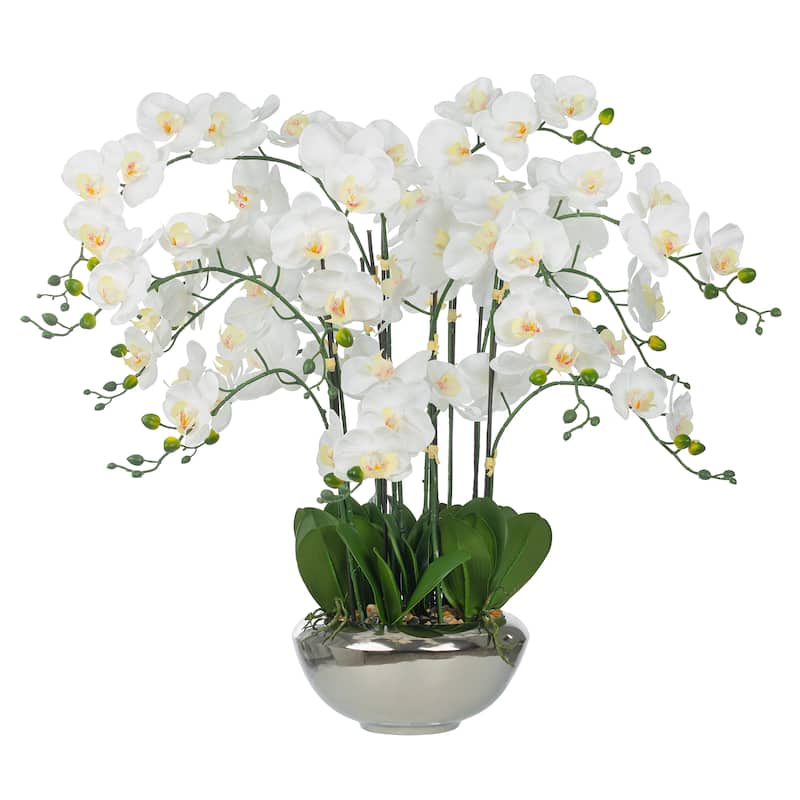 14 Stems Real Touch White Phalaenopsis Orchids with Green Leaf in Silver Ceramic Pot - 30.71" H x 33.46" W x 29.13" D