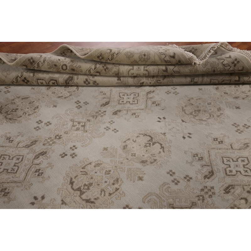Geometric Oushak Area Rug Hand-Knotted Oriental Wool Carpet - 9'0"x 11'9"