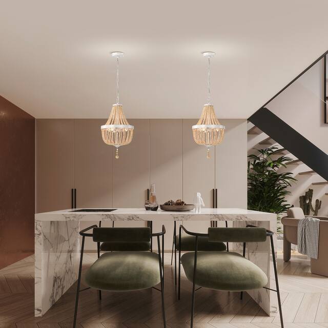 Wood Bead Chandelier 3-Light Wood Bead Light Boho Pendant Light