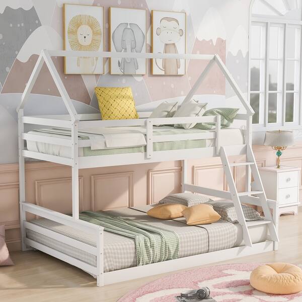 slide 2 of 35, Elegant House Shape Twin over Full Wood Bunk Bed with Guardrails and Ladder, Designed for Child Safety, Gender Neutral, White White