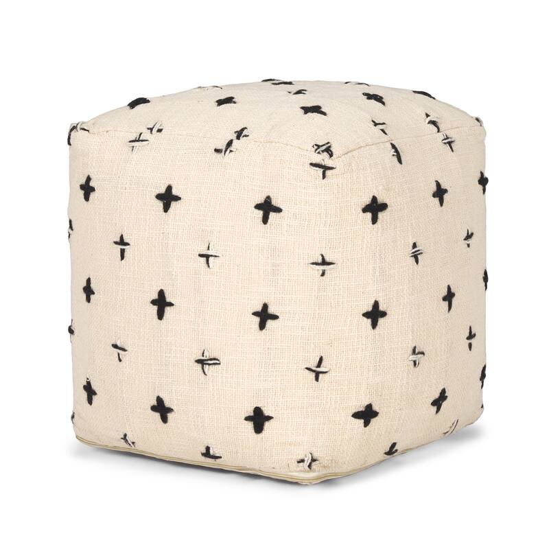 Saanvi Wool w/ Cream and Black Stitched Cross Patterned Pouf - Cream